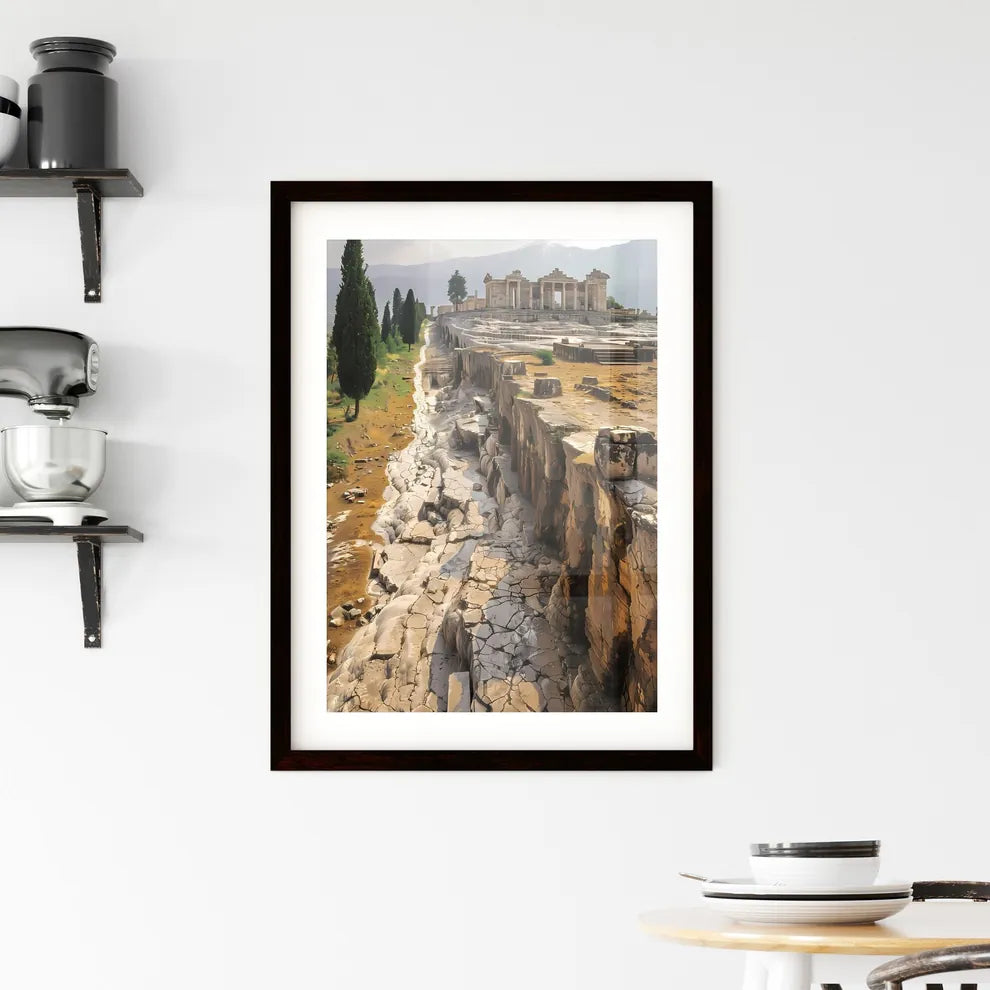 Flat illustration side view majestic Pamukkale travertines landmark Hierapolis rocky cliff columns tree painting art vibrant Custom Print