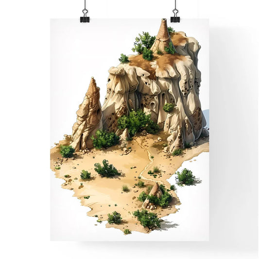Artistic Isometric Arid Desert Landscape with Cappadocia Fairy Chimneys on White Poster