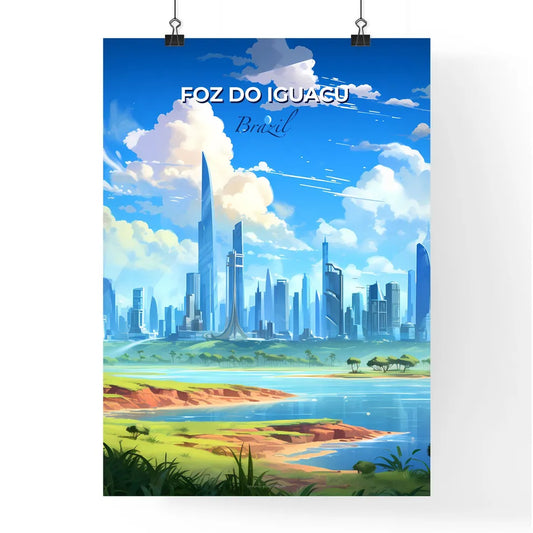 Vibrant Painting of Foz do Iguacu's Cityscape with River and Trees Default Title