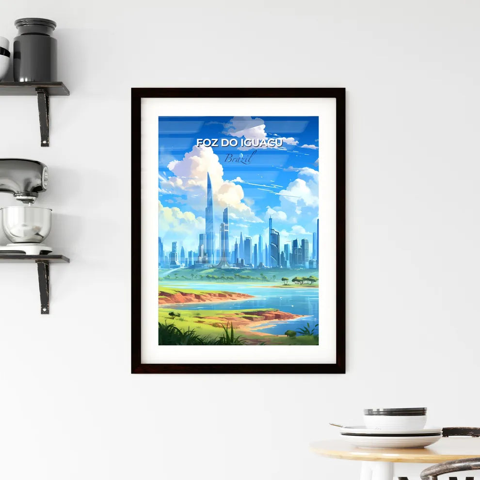 Vibrant Painting of Foz do Iguacu's Cityscape with River and Trees Default Title