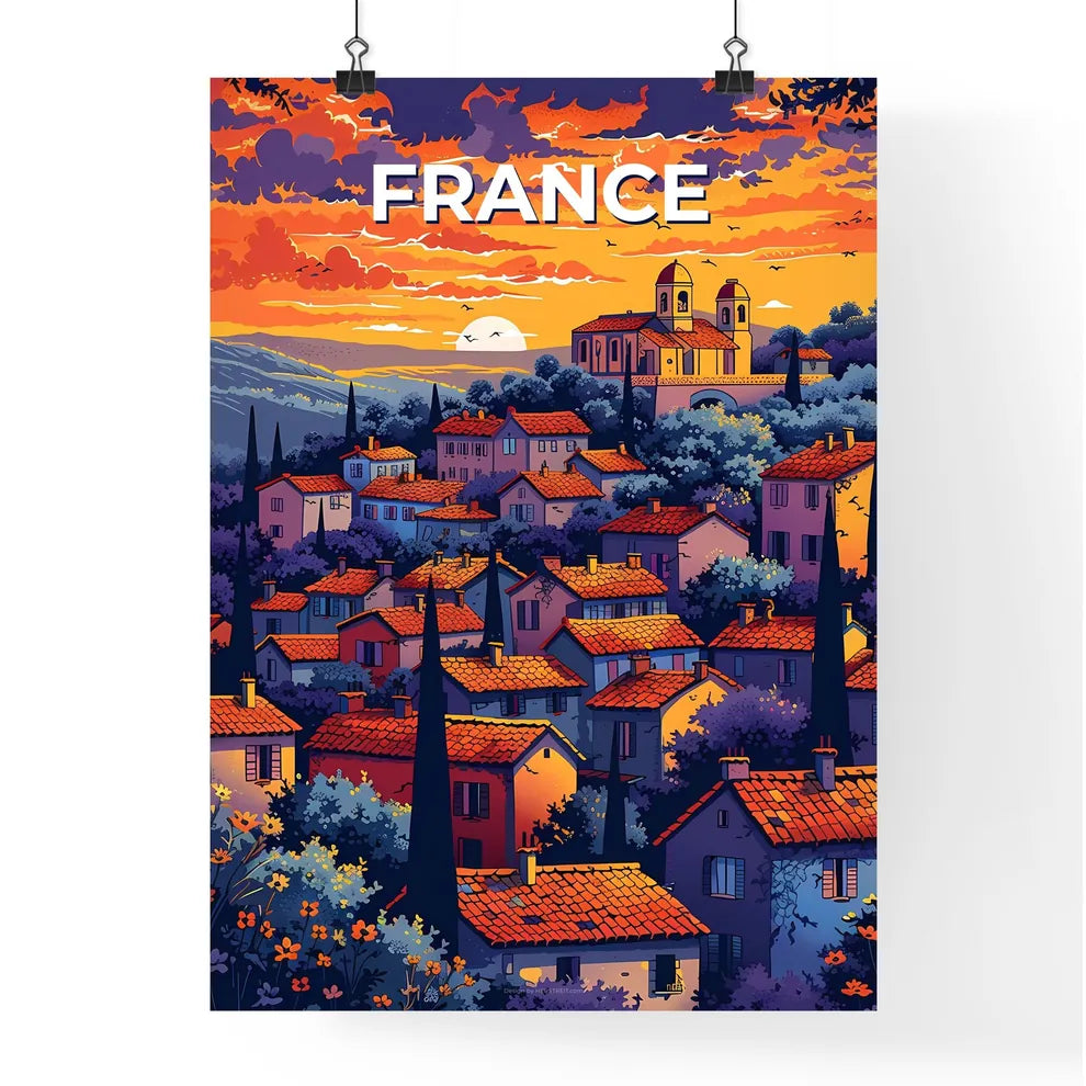Vibrant Art Painting of French Village Houses and Church with Tree Accents Poster