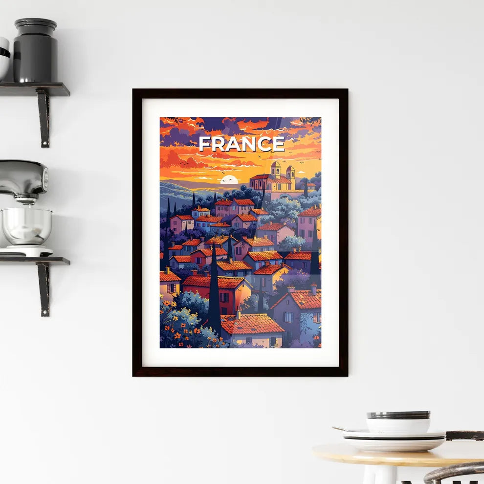 Vibrant Art Painting of French Village Houses and Church with Tree Accents Custom Print