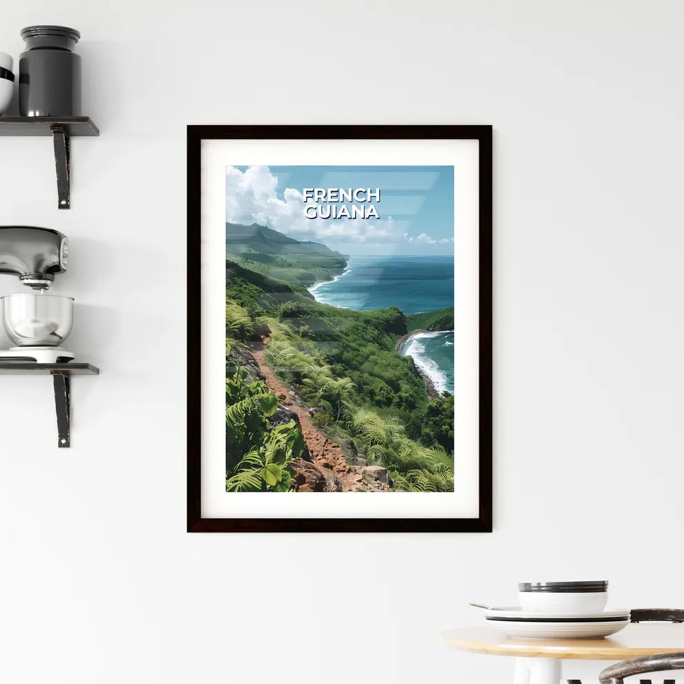 Vibrant Painting of a Cliffside Ocean Path i Framed Print