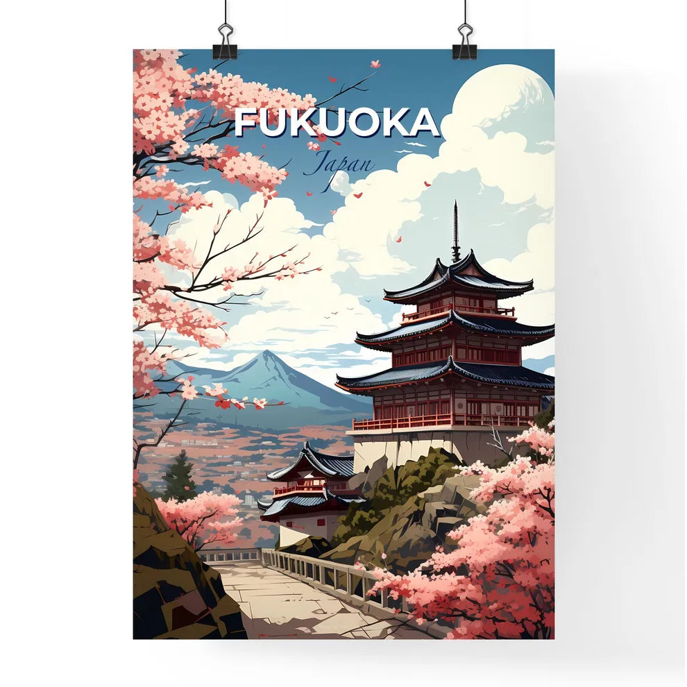 Pagoda Skyline in Fukuoka Japan - Vibrant Painting with Pink Blossoms Default Title