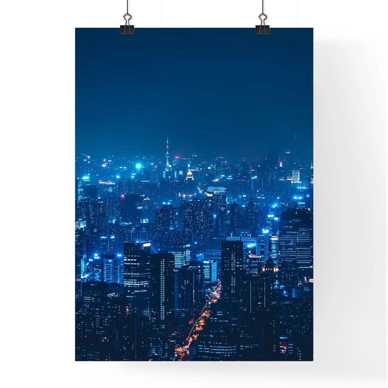 Minimalist Night Metropolis Panorama with Illuminated Skyscrapers in Blue and White X-ray Style on Black Background, Smart City, 32K, Shanghai Poster