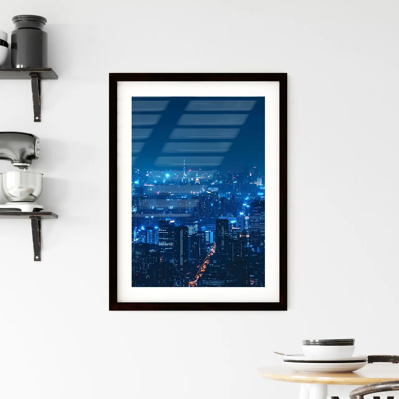 Minimalist Night Metropolis Panorama with Illuminated Skyscrapers in Blue and White X-ray Style on Black Background, Smart City, 32K, Shanghai Custom Print