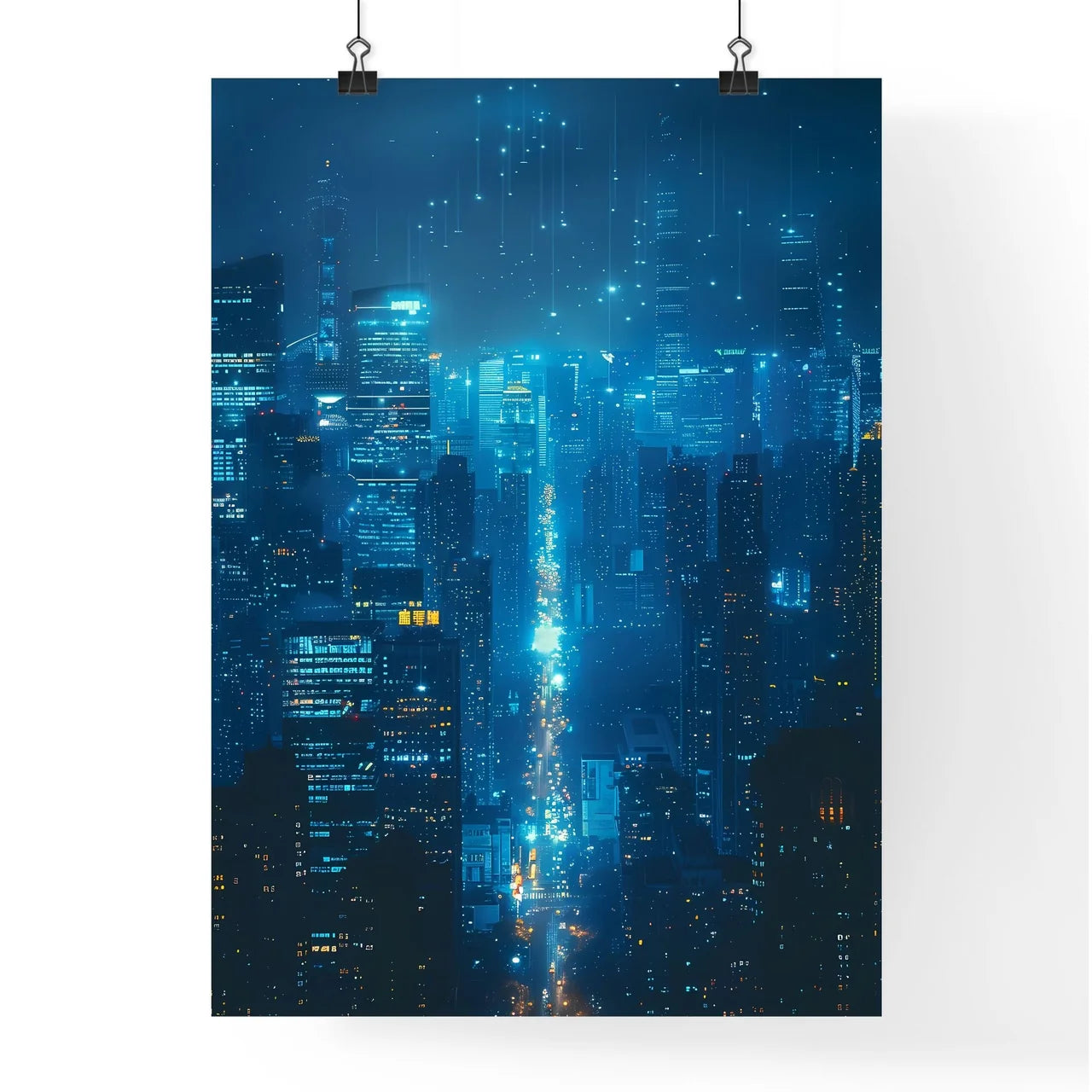 Light Blue and White Minimalist Architecture Painting of Shanghai City Skyline at Night in Low Detail X-ray Style with Black Background in 32K Resolution Poster