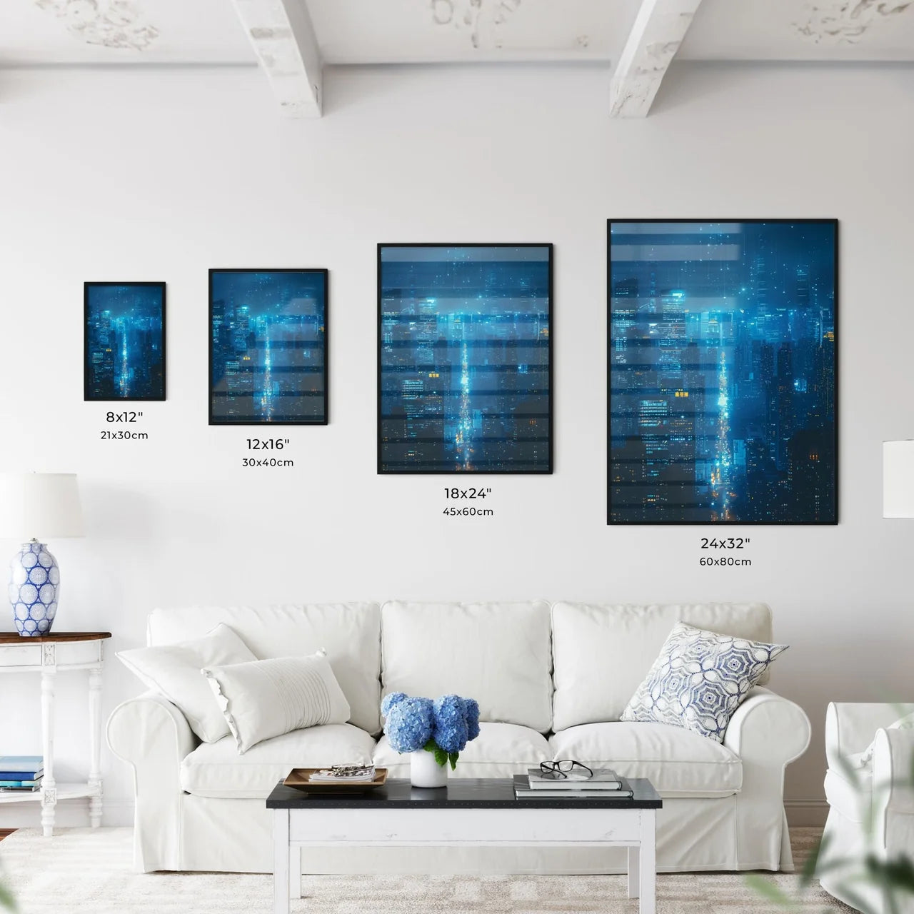 Light Blue and White Minimalist Architecture Painting of Shanghai City Skyline at Night in Low Detail X-ray Style with Black Background in 32K Resolution Size Chart