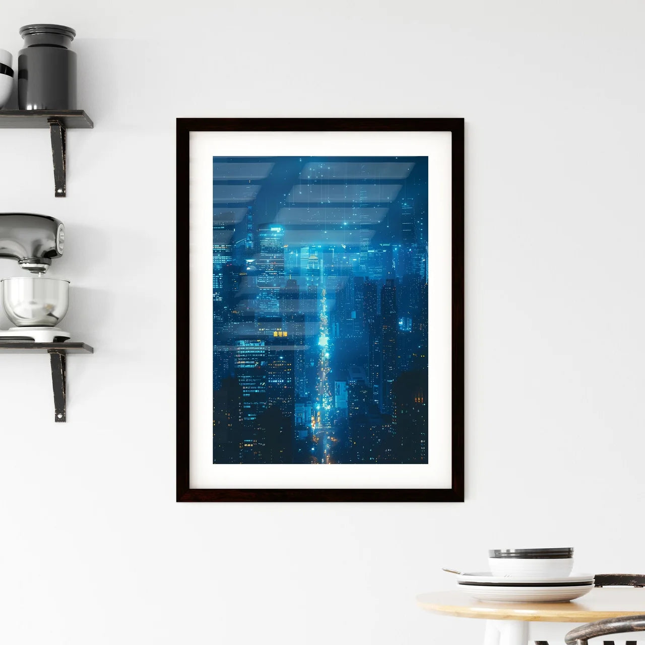 Light Blue and White Minimalist Architecture Painting of Shanghai City Skyline at Night in Low Detail X-ray Style with Black Background in 32K Resolution Custom Print