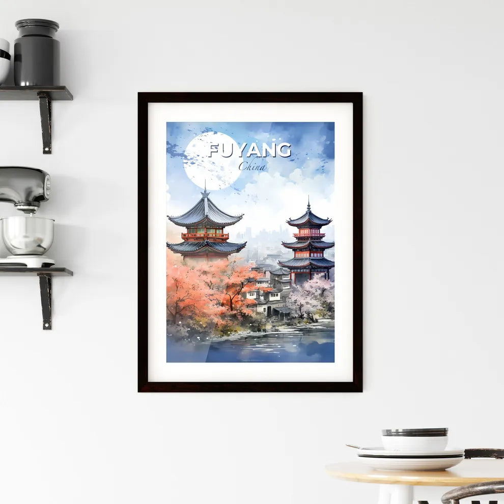 Painting of Vibrant Fuyang China Skyline with Pagoda and Trees Default Title