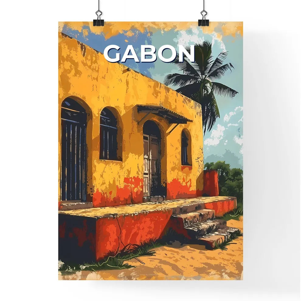 Gabon, Africa - Vibrant Painting of Yellow Building and Palm Tree, Art Poster
