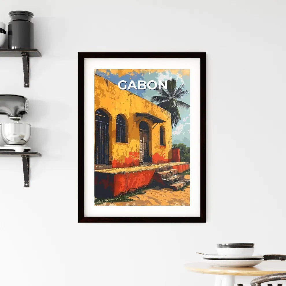 Gabon, Africa - Vibrant Painting of Yellow Building and Palm Tree, Art Custom Print