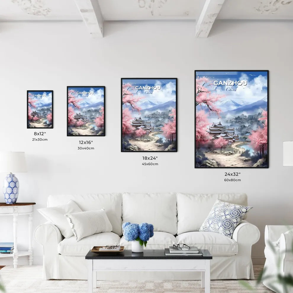 Vibrant Painting of Ganzhou China Skyline with River and Mountains Depicting Art Default Title