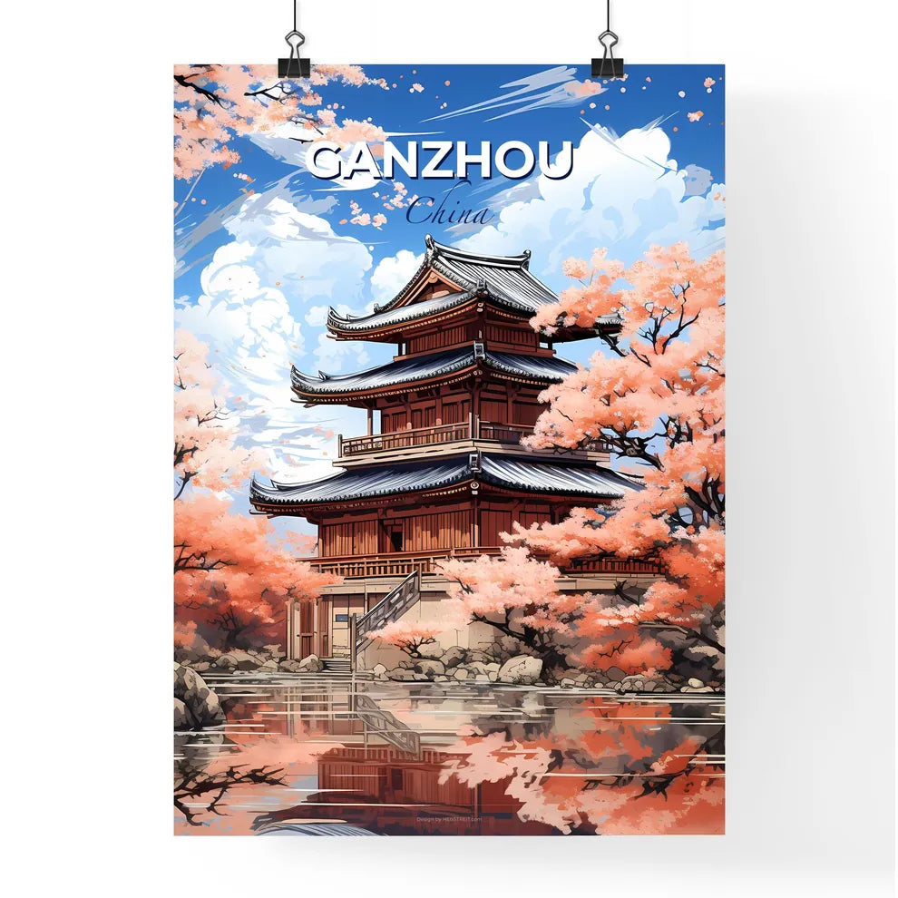 Vivid Artistic Ganzhou Cityscape Painting with Iconic Building and Pagoda Amidst Lush Greenery Default Title