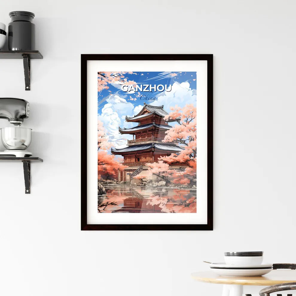 Vivid Artistic Ganzhou Cityscape Painting with Iconic Building and Pagoda Amidst Lush Greenery Default Title