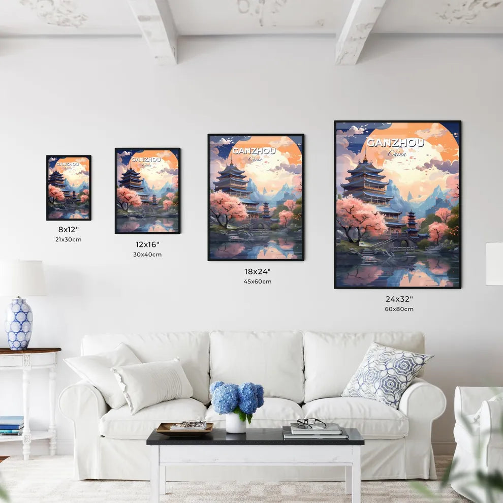 Vibrant Colorful Cityscape Skyline Painting of Ganzhou China with Bridge and Pink Blossom Trees Default Title