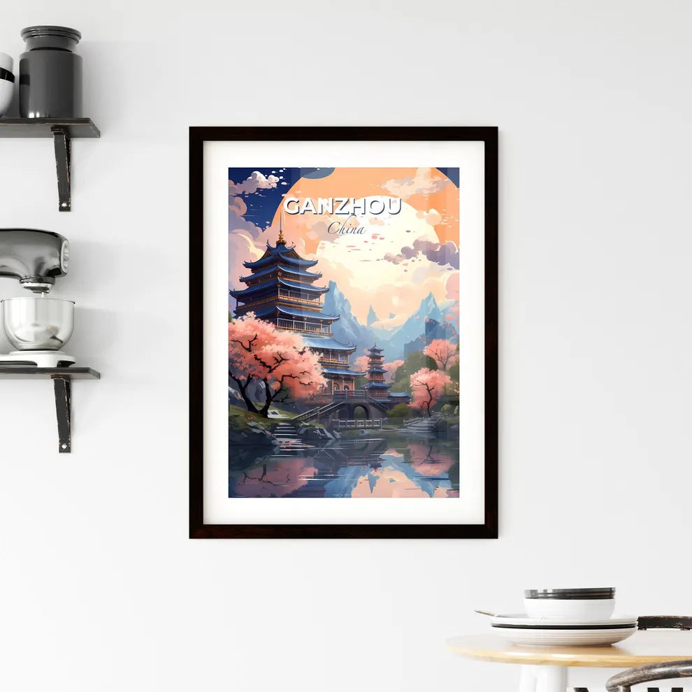 Vibrant Colorful Cityscape Skyline Painting of Ganzhou China with Bridge and Pink Blossom Trees Default Title