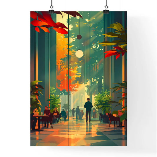 Dynamic Urban Life: Minimalist Geometric Art Depicting a Lobby Doorman Attentively Observing High Poster