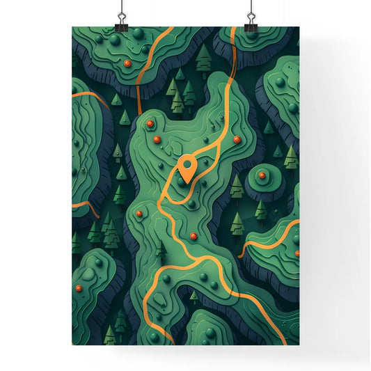 Vibrant green forest map with user interface elements and pop Poster