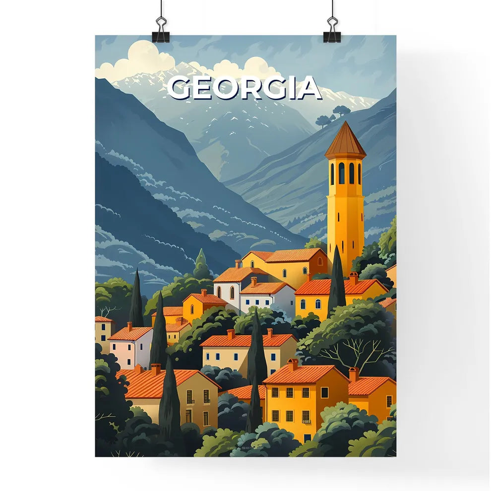Vivid Painting: Yellow Towered Building Set Against Mountainous European Landscape, Georgia Poster