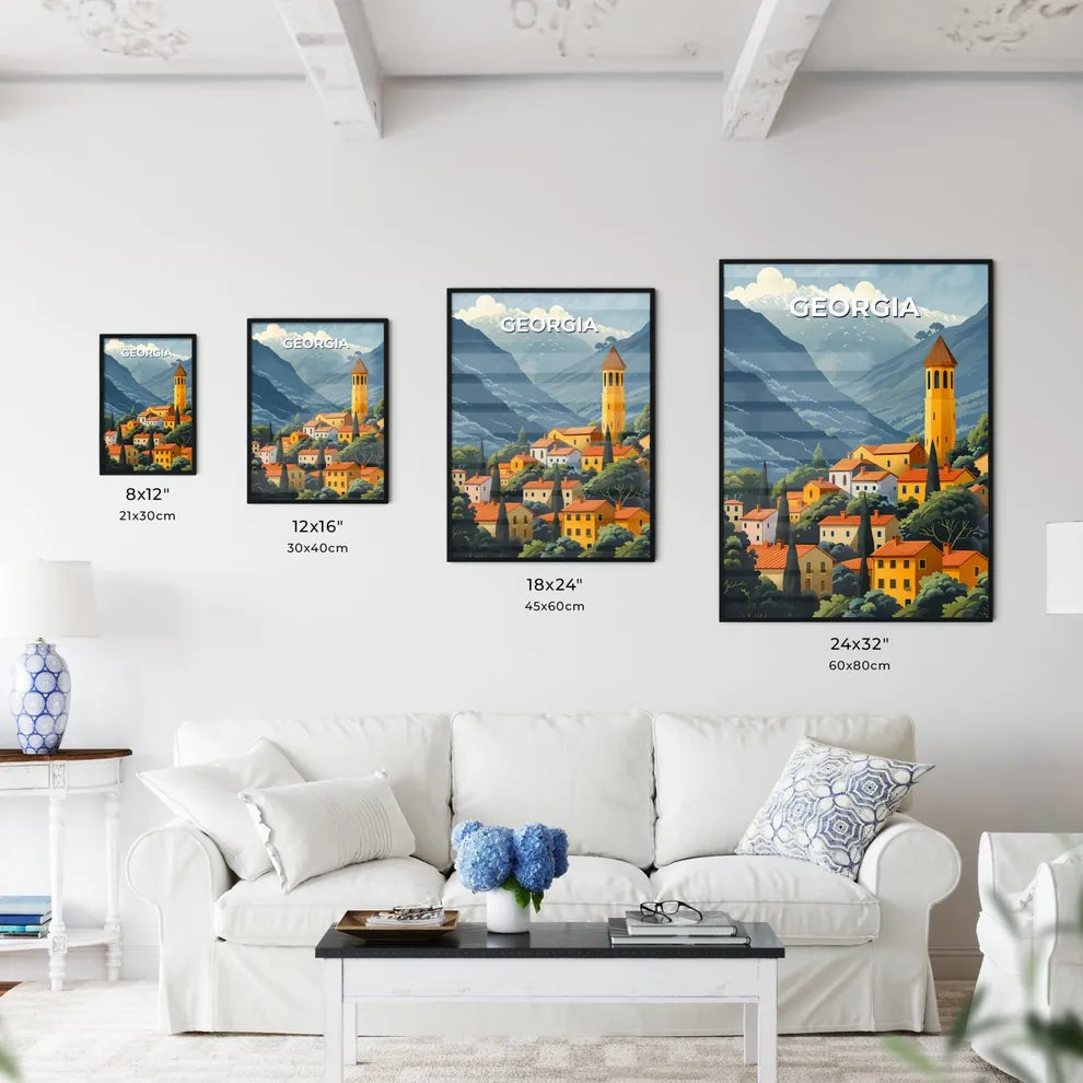 Vivid Painting: Yellow Towered Building Set Against Mountainous European Landscape, Georgia Size Chart