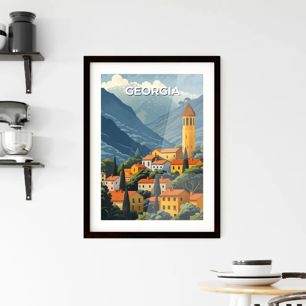 Vivid Painting: Yellow Towered Building Set Against Mountainous European Landscape, Georgia Custom Print