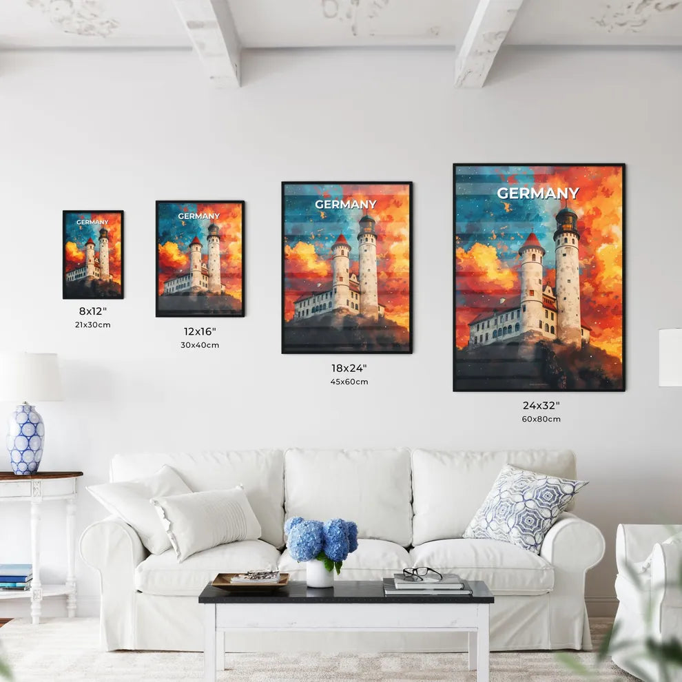 Picturesque Medieval Castle Red Roof, Europe, Art, Painting, Vibrant, Germany Size Chart