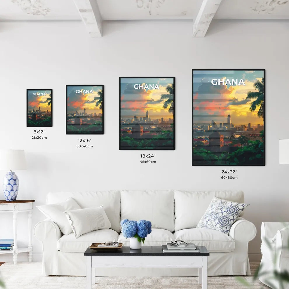 Artistic City Scene, Ghana, Africa: Palm Trees Under Cloudy Sky, Vibrant Painting Focus Size Chart
