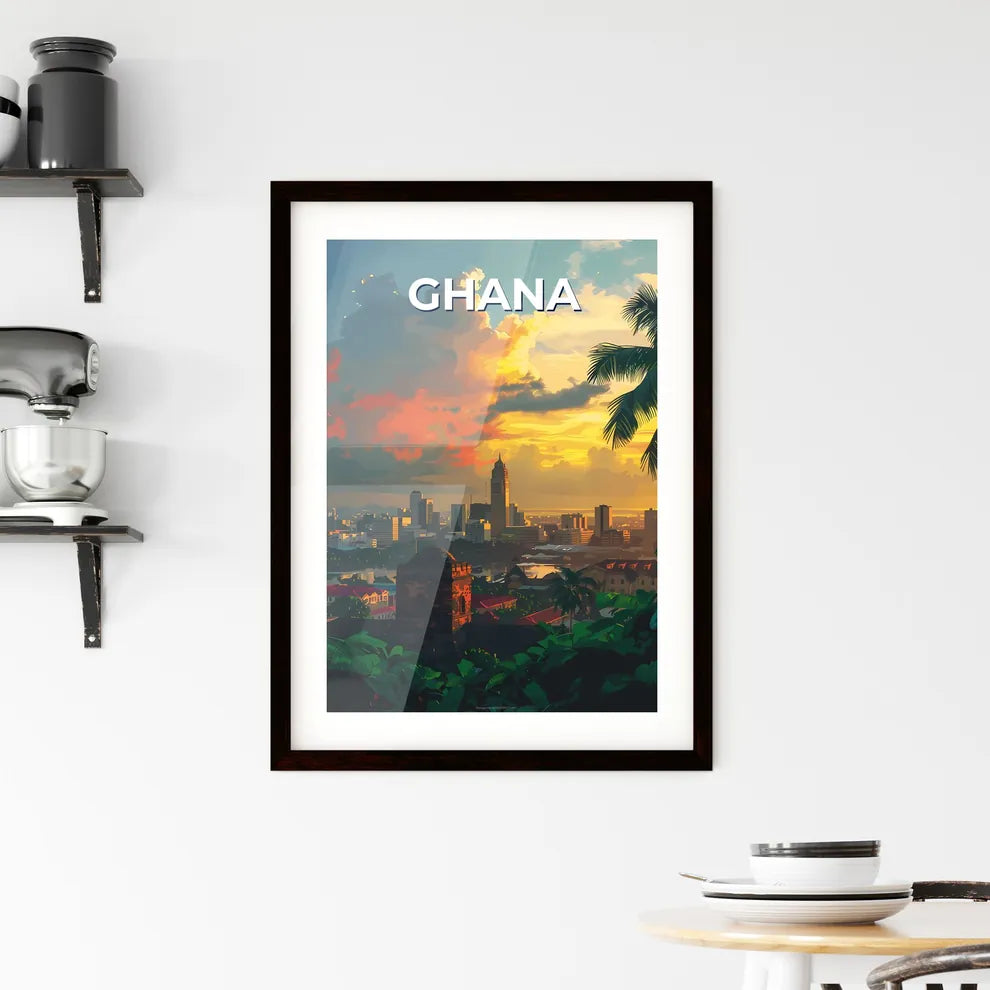 Artistic City Scene, Ghana, Africa: Palm Trees Under Cloudy Sky, Vibrant Painting Focus Custom Print