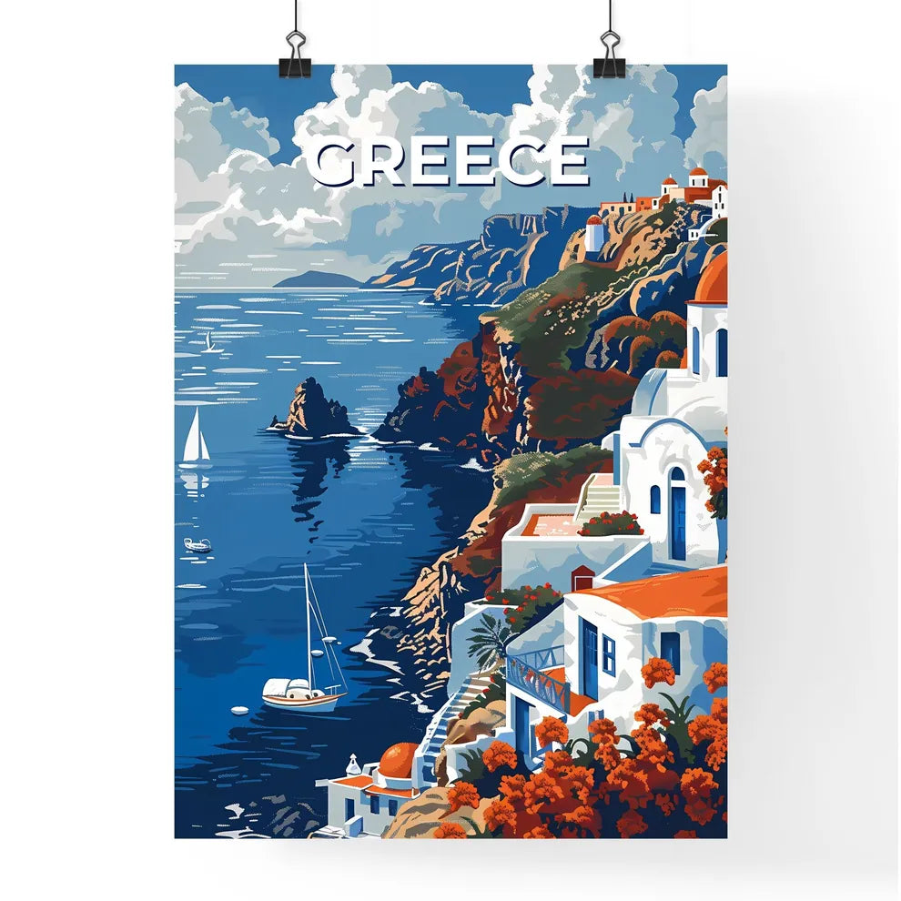 Painting, Impressionist, Greece, Europe, Artwork, Cliffside Town, Mediterranean, Seascape, Azure Waters, Vibrant Colors Poster