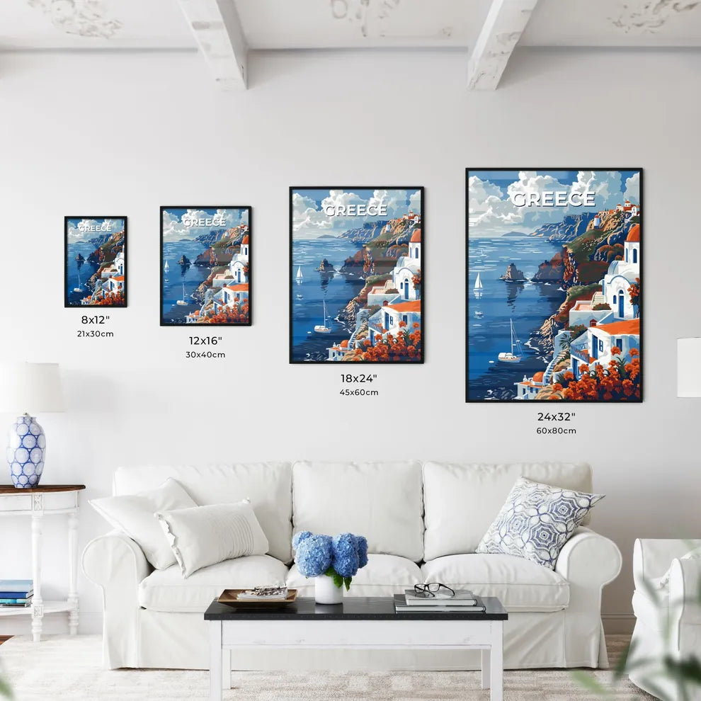 Painting, Impressionist, Greece, Europe, Artwork, Cliffside Town, Mediterranean, Seascape, Azure Waters, Vibrant Colors Size Chart