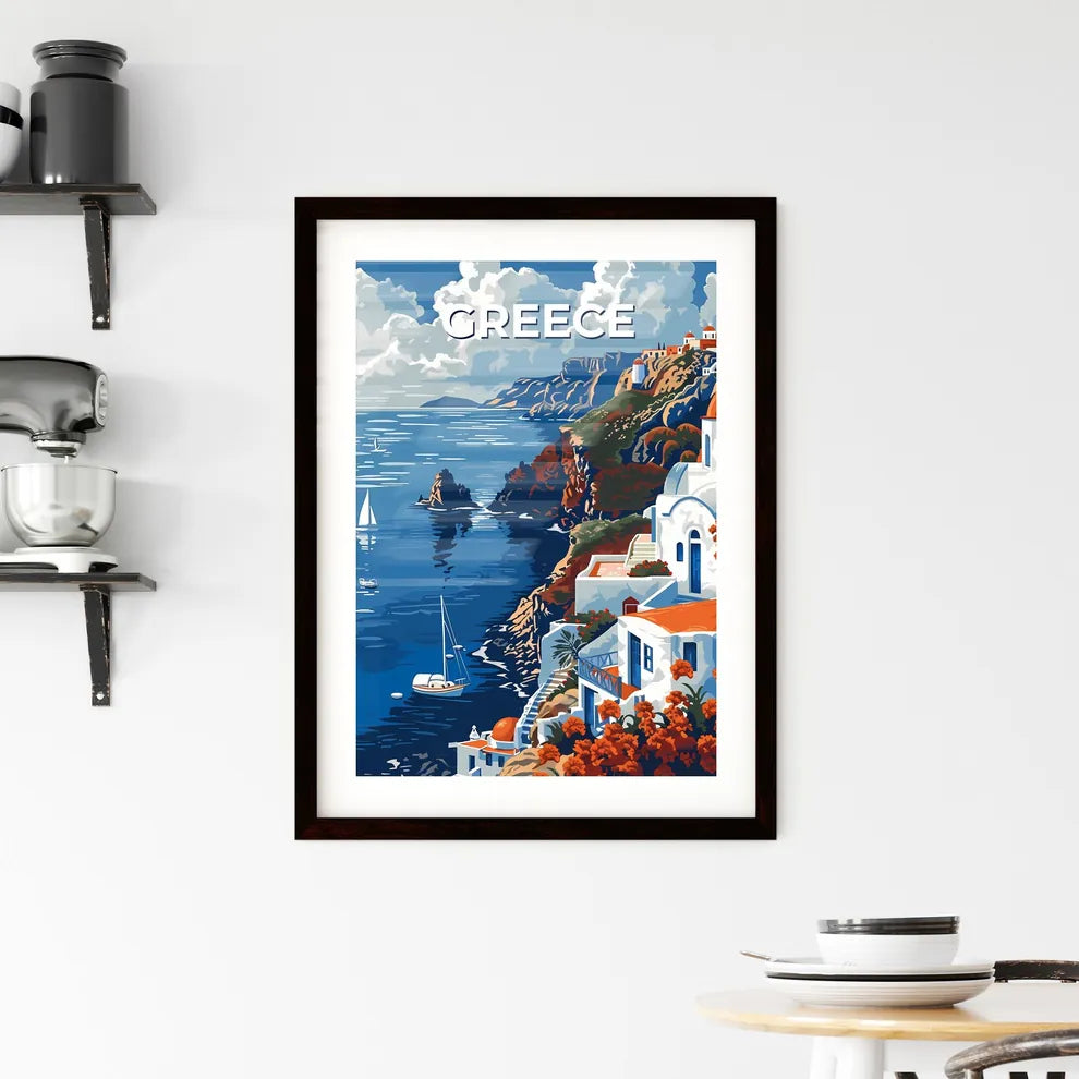 Painting, Impressionist, Greece, Europe, Artwork, Cliffside Town, Mediterranean, Seascape, Azure Waters, Vibrant Colors Custom Print