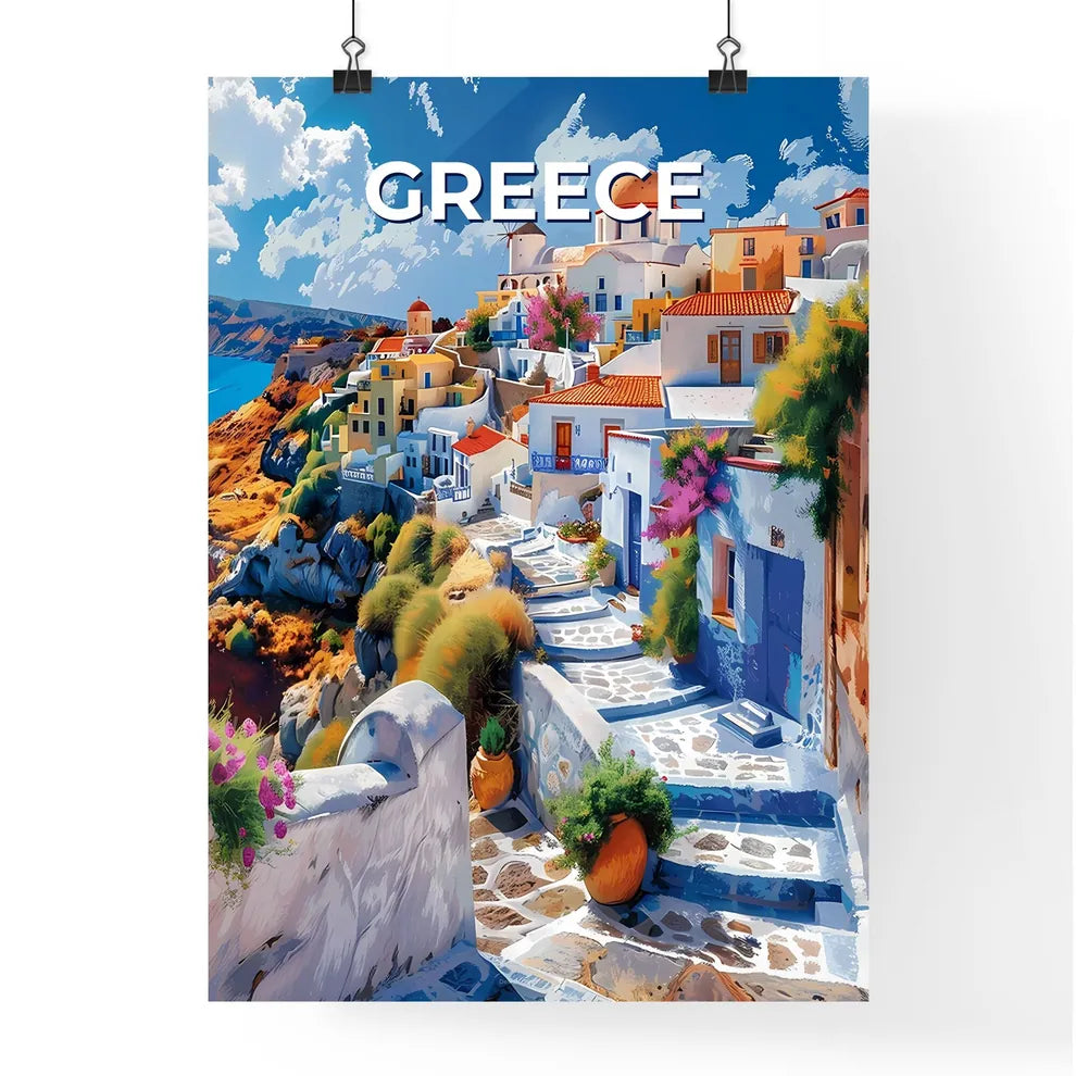 Artful Greece Buildings Hilltop Colorful Painting Europe Destination Image Poster