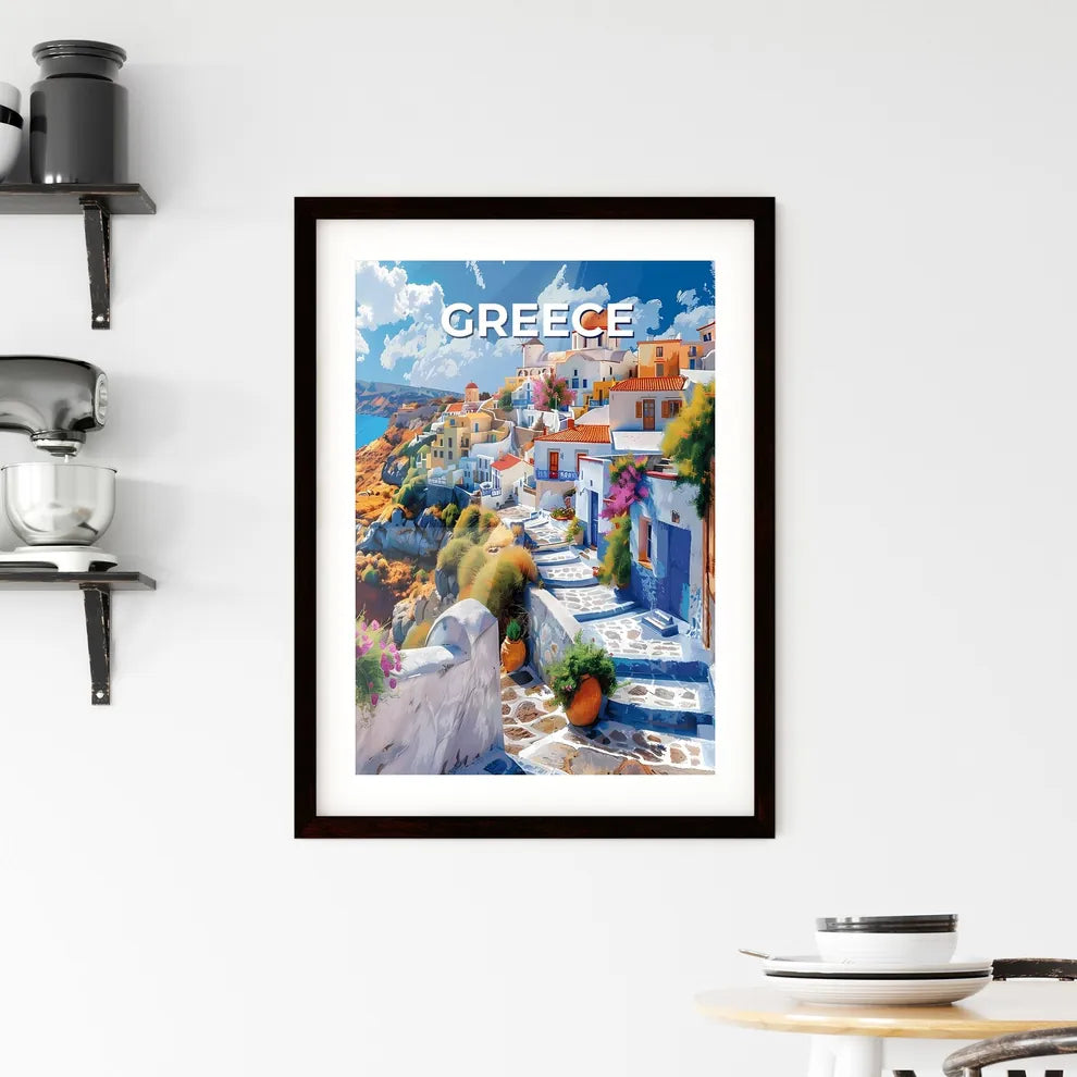 Artful Greece Buildings Hilltop Colorful Painting Europe Destination Image Custom Print