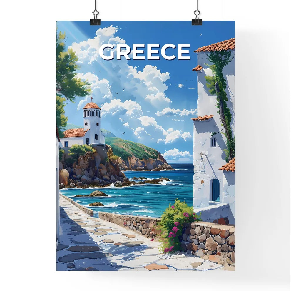 Artistic Depiction of a Vibrant Street Scene in Greece, Europe Featuring Buildings and Waterway Poster