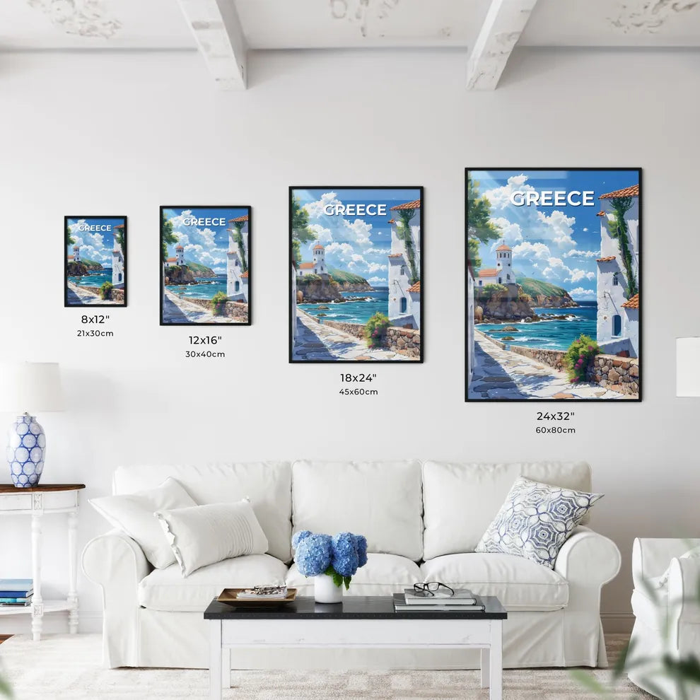 Artistic Depiction of a Vibrant Street Scene in Greece, Europe Featuring Buildings and Waterway Size Chart