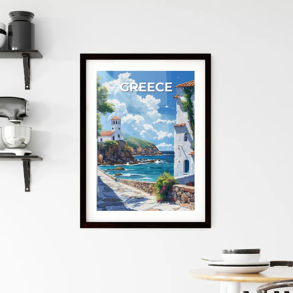 Artistic Depiction of a Vibrant Street Scene in Greece, Europe Featuring Buildings and Waterway Custom Print