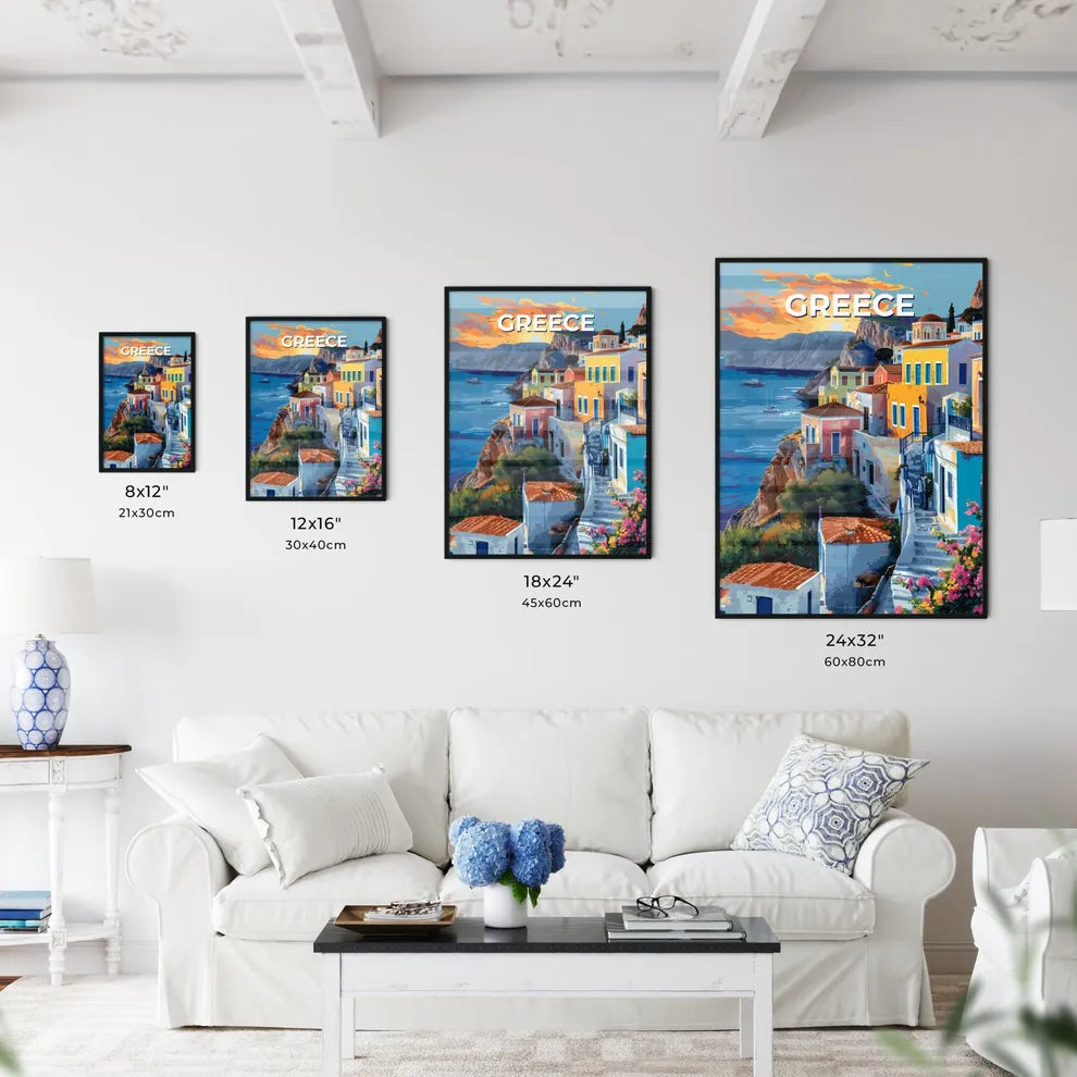 Colorful Cliffside Houses Artwork, Greece, Europe, Art, Painting, Abstract Size Chart