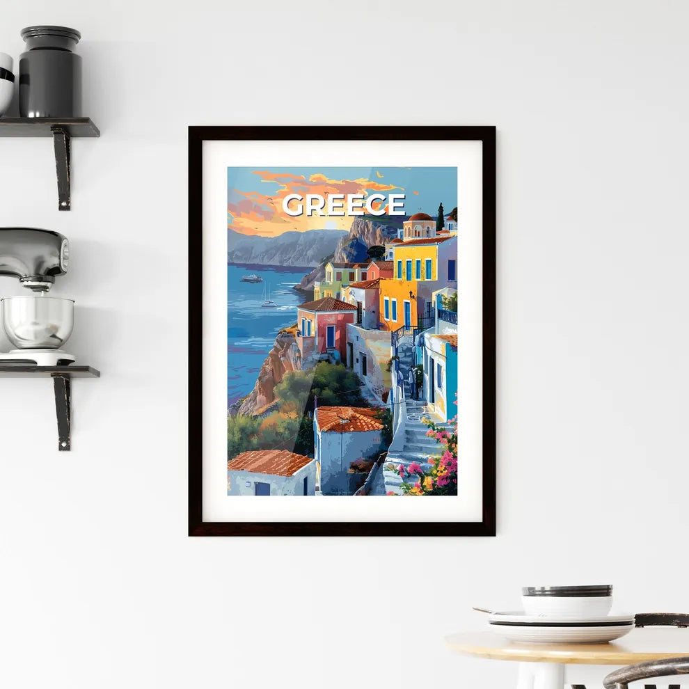 Colorful Cliffside Houses Artwork, Greece, Europe, Art, Painting, Abstract Custom Print