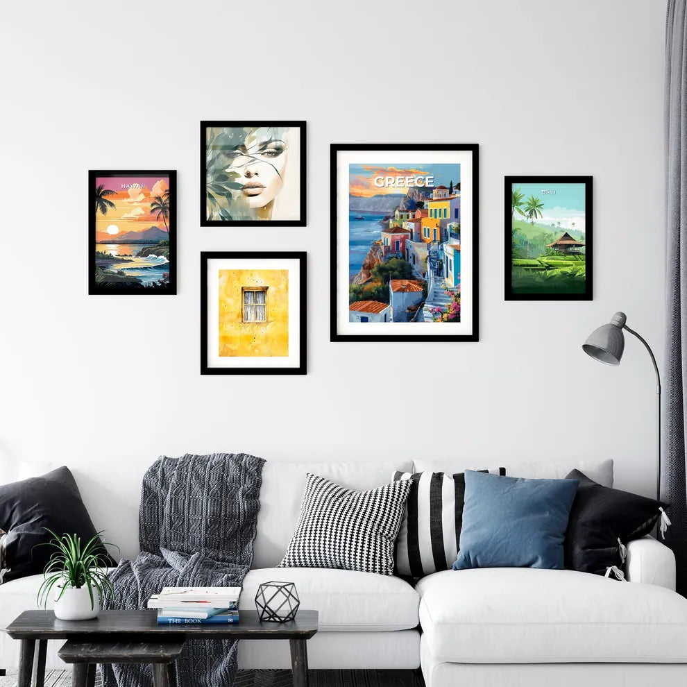 Colorful Cliffside Houses Artwork, Greece, Europe, Art, Painting, Abstract Interior Design
