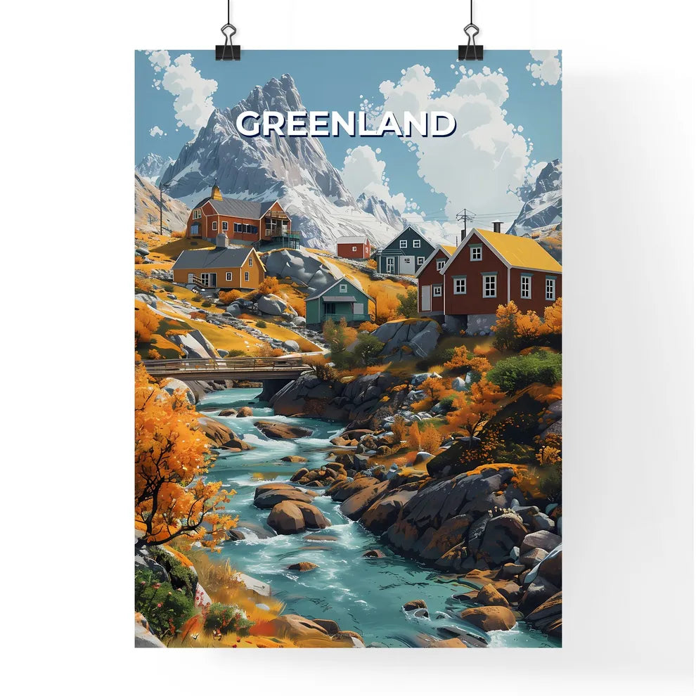 Artful Valley Scene: Colorful Painting Depicting River, Houses, and Mountains Poster