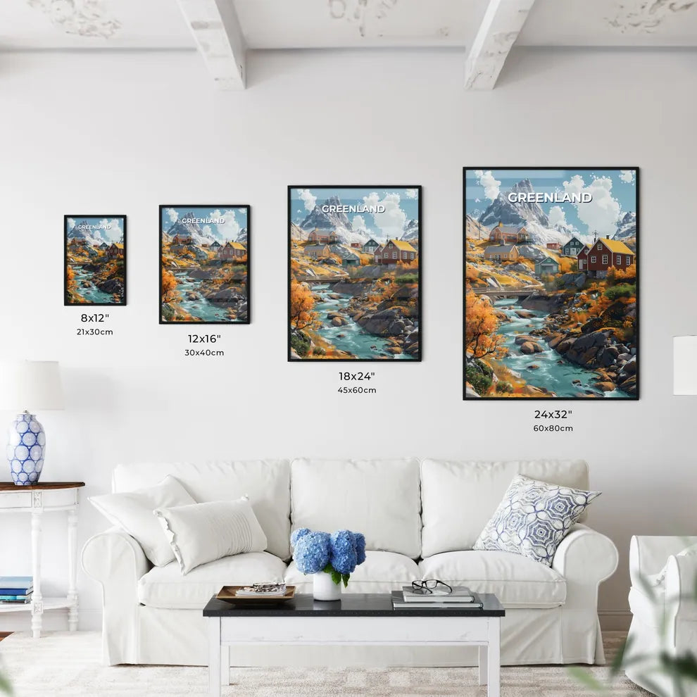 Artful Valley Scene: Colorful Painting Depicting River, Houses, and Mountains Size Chart