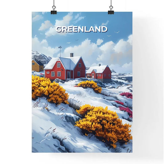 Hillside Oasis: Snow-Covered Hillside with Charming Houses and Blooming Flowers in Greenland, North America Poster
