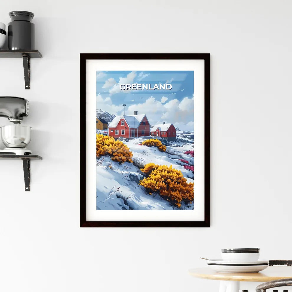 Hillside Oasis: Snow-Covered Hillside with Charming Houses and Blooming Flowers in Greenland, North America Custom Print