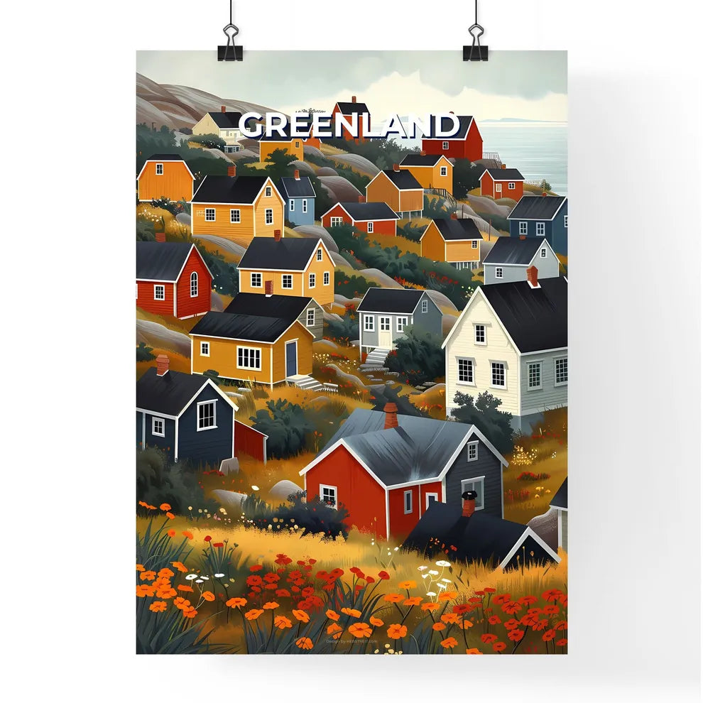 Artful Greenland Houses: Vibrant Painting of Colorful Buildings on Hill, North America Poster