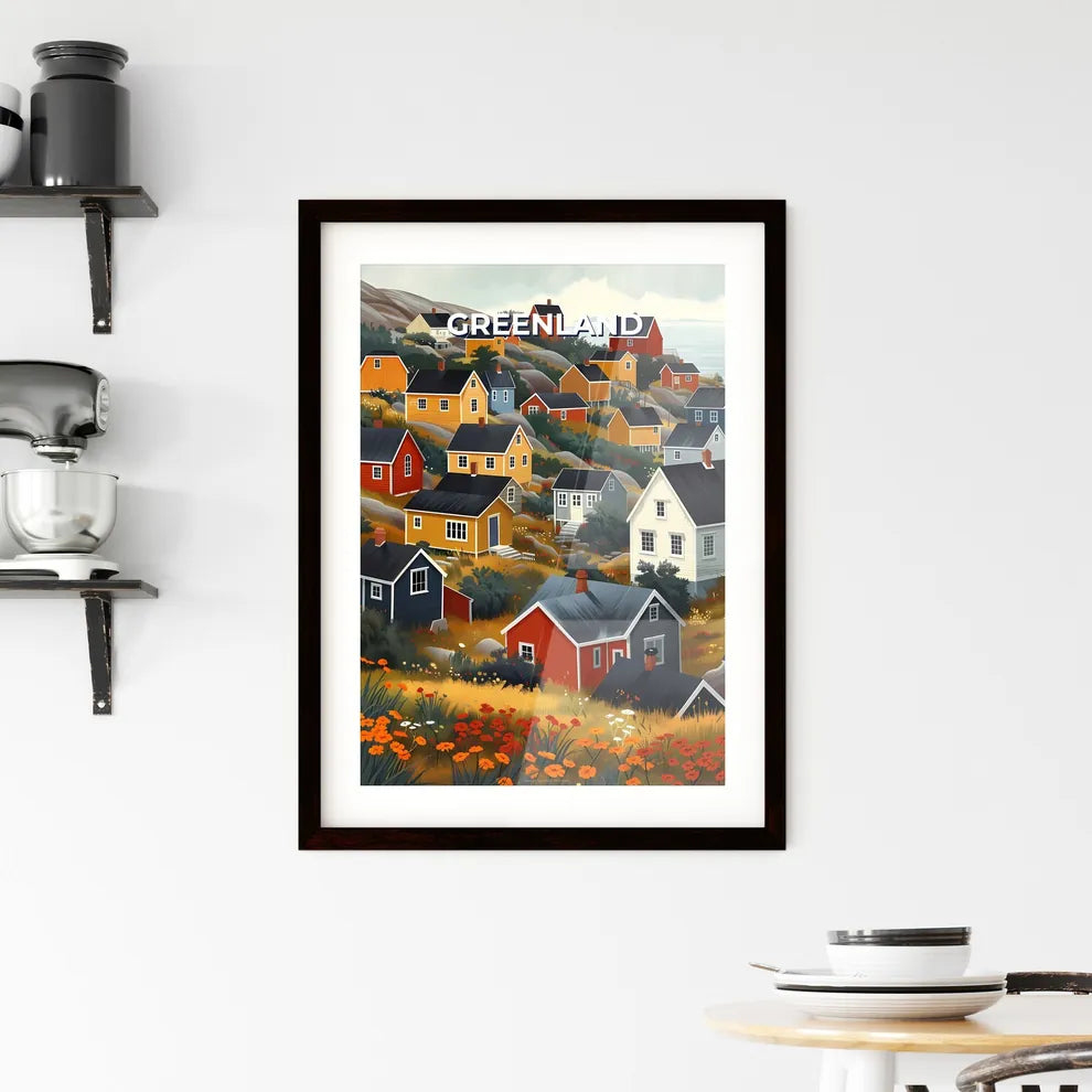 Artful Greenland Houses: Vibrant Painting of Colorful Buildings on Hill, North America Custom Print