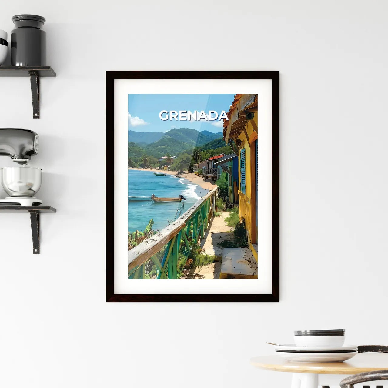 Colorful Beach Scene in Grenada, North America: Picturesque Homes and Boats in an Artistic Style Custom Print