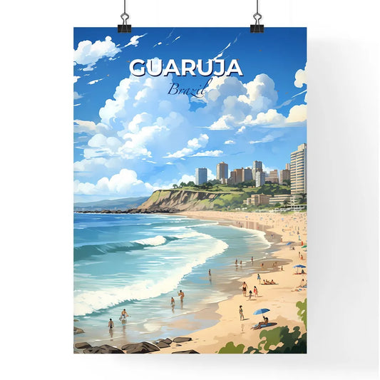 Tranquil Beachside Art: Guaruja Brazil Skyline Painting with People and Buildings Default Title