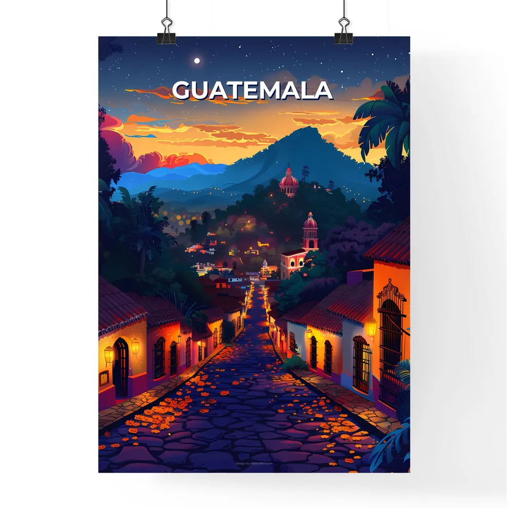 Vibrant Central American Street Art Mural of Buildings and Trees in Guatemala, North America Poster