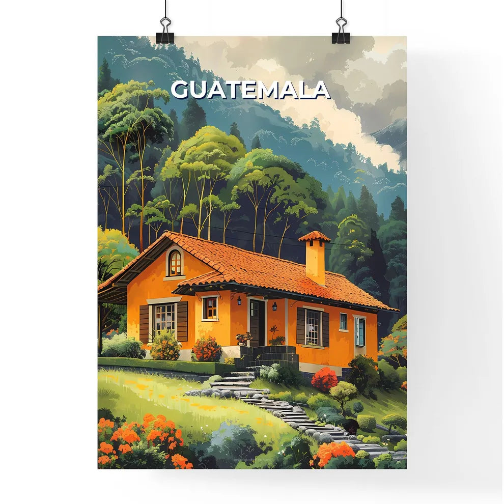 Colorful Guatemala Painting Depicting a North American House Nestled Amidst Lush Forest Scenery Poster